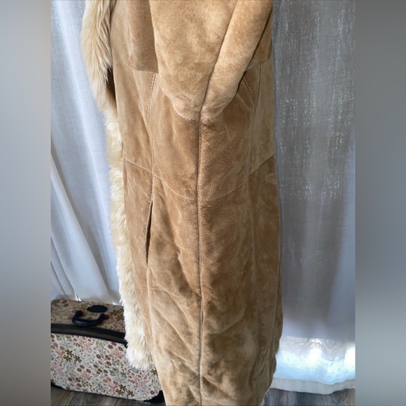 Vintage 90s Y2K Wilsons Leather Tan Faux Fur Trim Long Penny Lane Coat Size XL - Picture 14 of 14